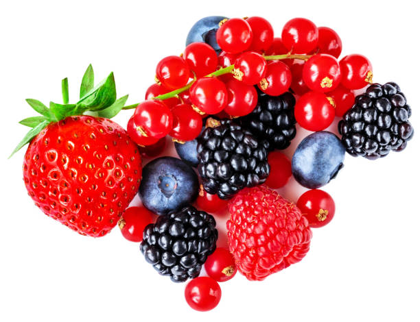 istock Berry mix isolated on a white background. Various fresh berries. Raspberry, Blueberry, Cranberry, Blackberry and Strawberry 1159361570