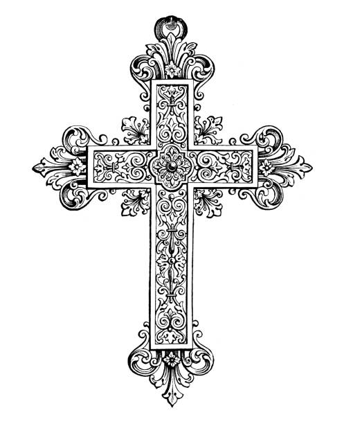 Catholic Cross pendant antique french illustration Vintage etching print on white background crucifix illustrations stock illustrations