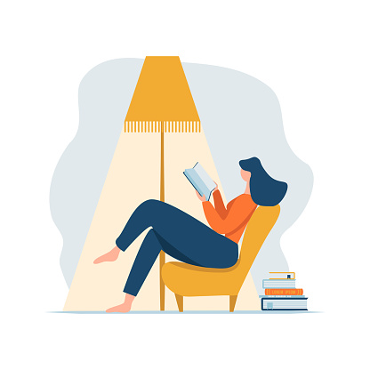 Young adult woman reading book relaxing sitting in chair under lamp and stack of books. Cartoon female character reclining on sofa and having rest at home. Flat vector illustration