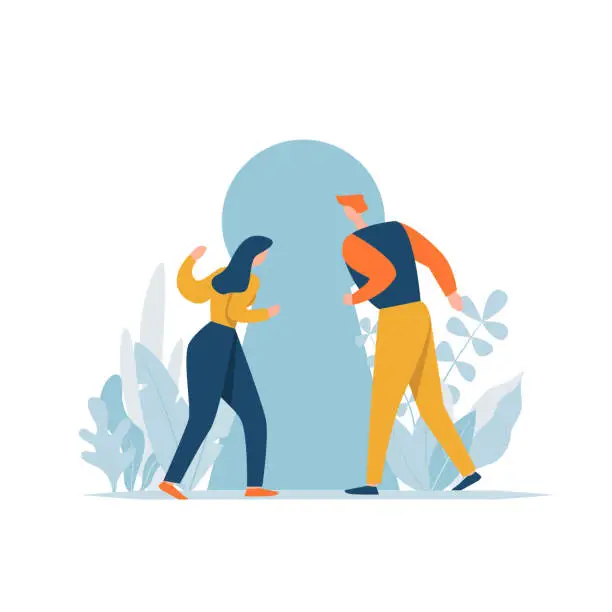 Vector illustration of Couple looking into keyhole with curiosity. Problem solving, opportunity, concept. Cartoon characters discovery secret. Man and woman searching sense, freedom, future journey.