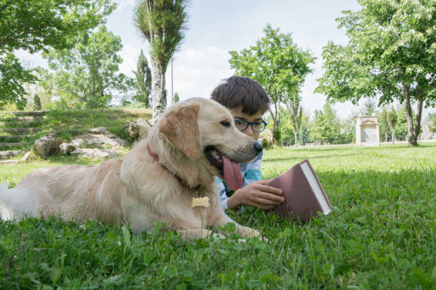 istock Happy boy reading a book with his dog 1159363993