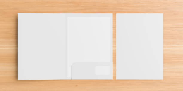 istock Blank white reinforced A4 size single pocket folder mock up isolated on wooden background. 3D illustration 1159366500
