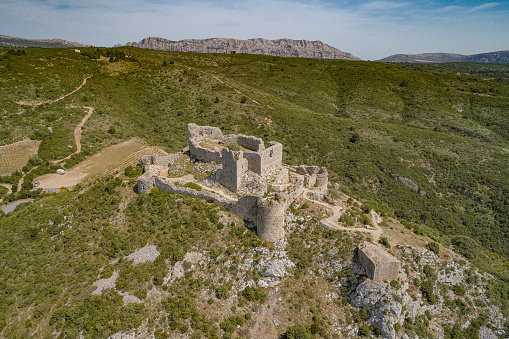 Tuchan France June 4th of 2019 Abandoned ruins of the Aguilar Castle in France. This fortress was build in the XII century and is one of the remaining cathar castles in the south of France