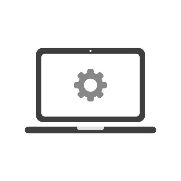 illustrations, cliparts, dessins animés et icônes de concept d'icône de vecteur d'ordinateur portatif avec l'engrenage - repairing computer work tool conformity
