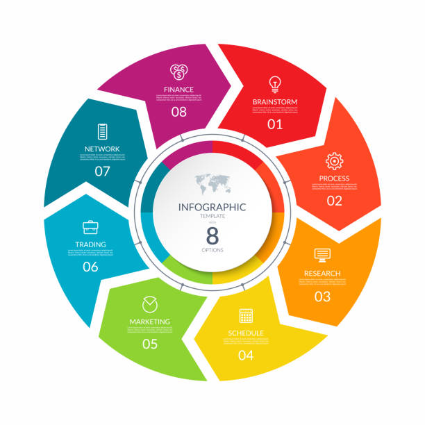 infografik-prozessdiagramm. zyklusdiagramm mit 8 stufen, optionen, teilen. kann für berichte, business analytics, datenvisualisierung und präsentation verwendet werden. - flow chart diagram organization cycle stock-grafiken, -clipart, -cartoons und -symbole