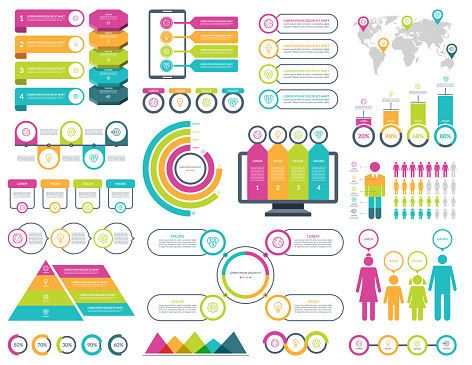 Set of infographic elements with simple templates for business analytics, data visualization, presentation. Vector kit with diagrams, histograms, timeline, pie charts, demographic icons.
