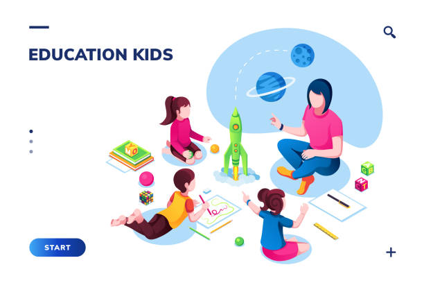 ilustrações de stock, clip art, desenhos animados e ícones de isometric class at kindergarten with woman teacher for smartphone application page. children or kids painting at preschool or playschool. web education, training technology for pupil. school theme - american sign language