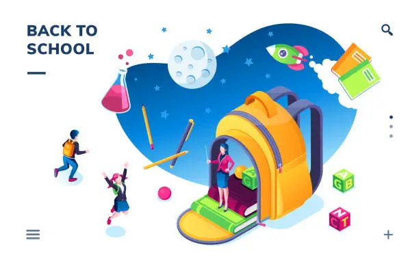 Vector illustration of Isometric banner for school smartphone application. Kids going back to teacher and bag or children going for study. Pupil and laboratory flask, books and pencil. Teaching class. Education theme