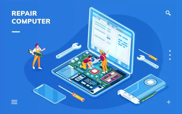 Vector illustration of Isometric screen with computer repair service for smartphone application. Isometry laptop with serviceman workers. Banner for data restoration center. Video card and motherboard. PC fixing, diagnostic