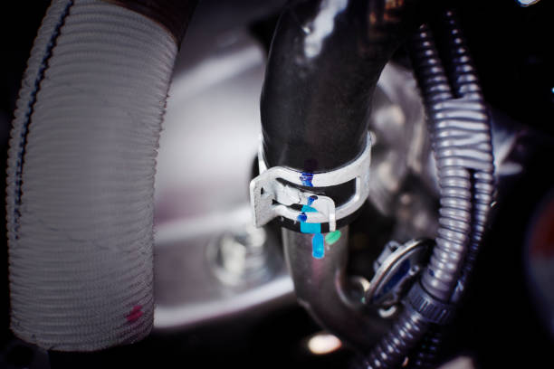 Spring hose clamps fasteners on the rubber tube of the car engine system.