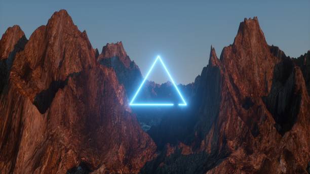 istock Beautiful minimalistic fantastic landscape. Bright blue neon triangle among the mountains against the background of a rotating night starry sky. 3d illustration 1159368959