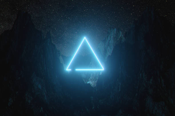 istock Beautiful minimalistic fantastic landscape. Bright blue neon triangle among the mountains against the background of a rotating night starry sky. 3d illustration 1159368978