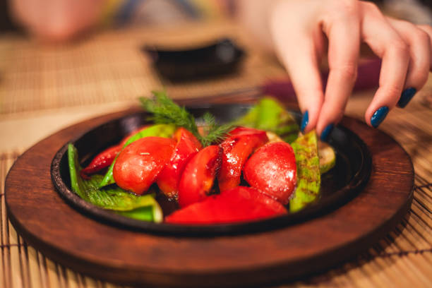 istock Grilled vegetables on a cast-iron plate. Food background 1159369025