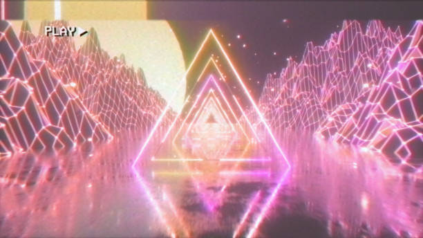 volare in uno spazio futuristico retrò con un triangolo al neon incandescente nello stile degli anni '80.3d illustrazione. l'effetto della vecchia cassetta del film con rumore, interferenza e distorsione. - ident foto e immagini stock