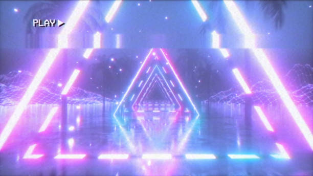 полет в ретро футуристическом пространстве со светящимся неоновым треугольником в стиле 80-х.3d иллюстрацией. эффект старой кассеты с шумом,  - ident стоковые фото и изображения