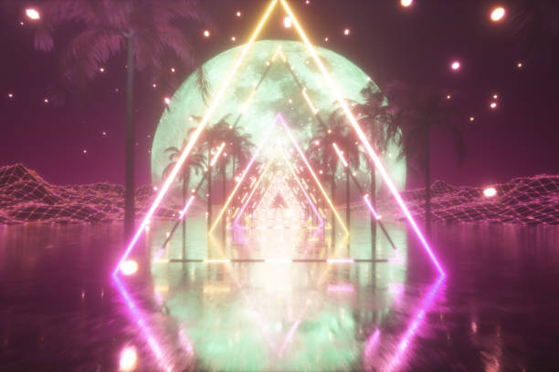 istock 80's Abstract retro futuristic background. 3d illustration with ultraviolet neon triangle modern lights. Retro wave stylization. Flying in space with particles and palm trees 1159369056