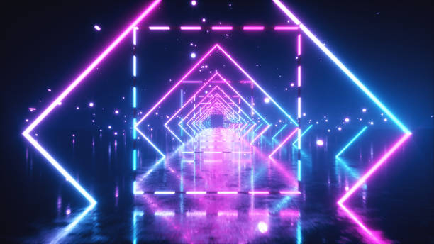 istock Abstract flight in space through glowing neon squares. Blue pink spectrum, fluorescent ultraviolet light. 3d illustration 1159369059