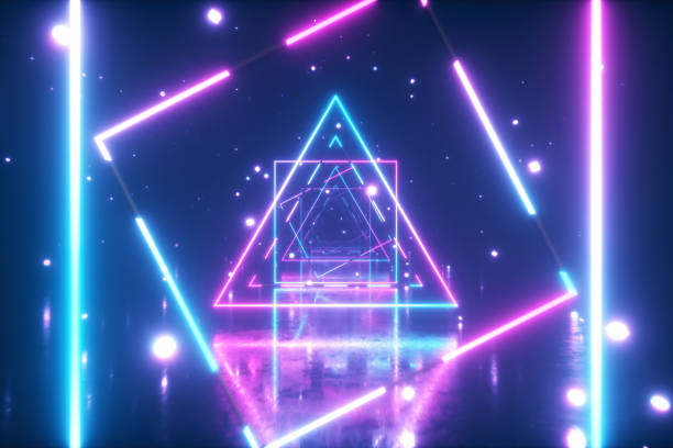 istock Abstract flight in space through glowing neon squares. Blue pink spectrum, fluorescent ultraviolet light. 3d illustration 1159369078
