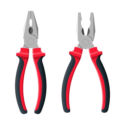 Pliers open and close isolated on white background. Builder, construction and repair hand tools with plastic handles. Realistic pliers vector illustration