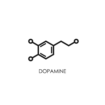 Dopamine molecular structure. neurotransmitter molecule. Skeletal chemical formula. Hormone of happiness and joy. Vector line illustration isolated on white