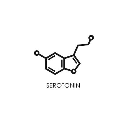 Serotonin molecular structure. neurotransmitter molecule. Skeletal chemical formula. Hormone of happiness and joy. Vector line illustration isolated on white