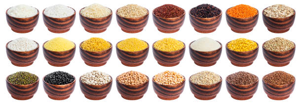 istock Different cereals, grains and flakes isolated on white background with clipping path 1159374944