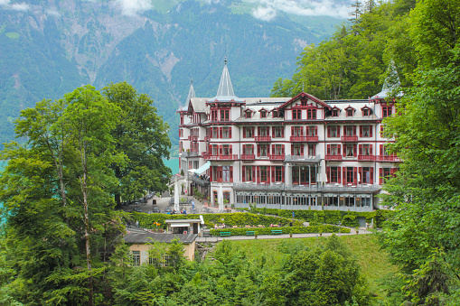 Beautiful old hotel Hotel Giessbach. Hotel next to the Giessbach Falls, Bernese Highlands, Switzerland.