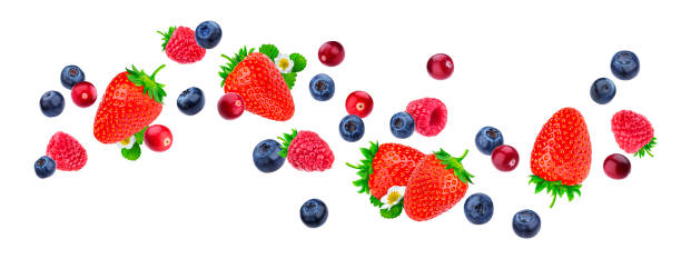 istock Flying berries isolated on white background with clipping path, different falling wild berry fruits, collection 1159375375