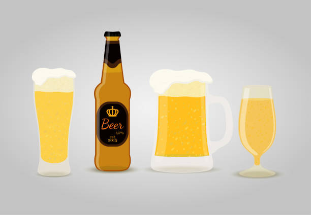 Vector beer - bottles, cups, glasses of frothy drink Vector beer set - bottle, cups, big glasses of frothy drink. The golden liquid in goblets, cartoon flat style. background of a cheers beer mugs stock illustrations