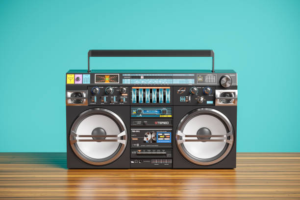 Boombox tape recorder player on wooden table