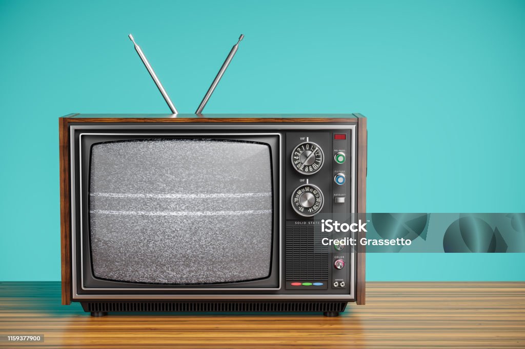An old TV with a monochrome An old TV with a monochrome kinescope on wooden table. 3d Television Set Stock Photo