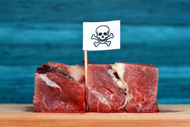 chunks of red raw meat on wooden plate with flagg with poisonous skull sign, concept for meat contaminated with bacterium, germs, antibiotics and other residue possibly harmful to human health - antibiotic red medicine healthcare and medicine imagens e fotografias de stock