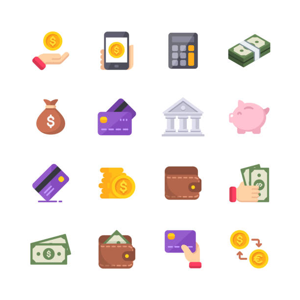 pieniądze płaskie ikony. ikony projektowania materiałów. pixel perfect. dla urządzeń mobilnych i sieci web. zawiera takie ikony jak izometryczne pieniądze, banknot, karta kredytowa, bankowość, portfel, monety, torba na pieniądze, wymiana walut. - ikona ilustracje stock illustrations