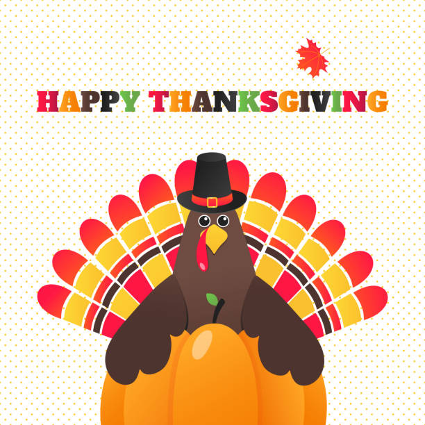 istock Happy thanksgiving day flat style design poster vector illustration with turkey, text, autumn leaves and pumpkin. Turkey with hat and colored feathers celebrate holidays! 1159381272