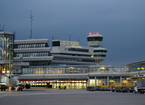 The Berlin Tegel airport at the blue hour of twilight.