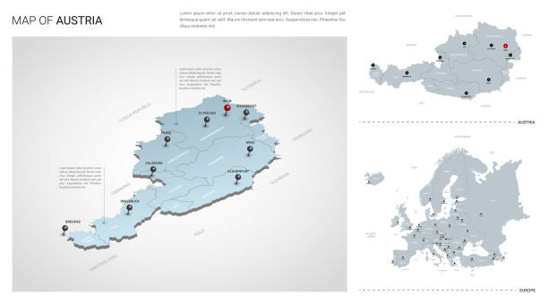 stockillustraties, clipart, cartoons en iconen met vector reeks van het land van oostenrijk.  isometrische 3d kaart, de kaart van oostenrijk, de kaart van europa-met gebied, staatsnamen en stadsnamen. fonts: horde pro, roboto - oostenrijk