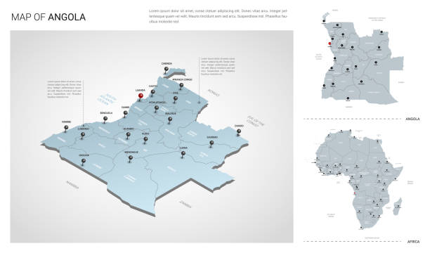 アンゴラのベクトルセット。 アイソメ3dマップ、アンゴラマップ、アフリカマップ - 地域、州名、都市名を持ちます。フォント : 無数のプロ, ロボト - アンゴラ点のイラスト素材／クリップアート素材／マンガ素材／アイコン素材