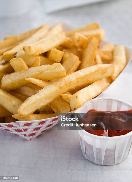 Culinary Shot Of A Serving Of Fries With Ketchup Stock Photo - Download Image Now - Basket, Close-up, Color Image