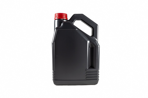 Black plastic motor oil canister 5 litres. Isolated on white background.