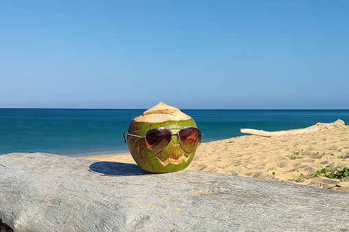 Coconut as a halloween symbol. On the beach in sunglasses.