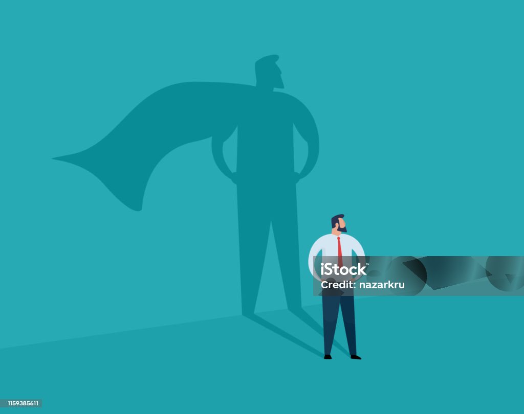 Businessman and shadow superhero. Businessman and shadow superhero. Ambition and success vector concept. Vector illustration. Superhero stock vector