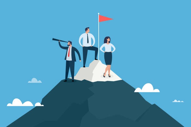 Business team standing on mountain peak with winner flag. Business team standing on mountain peak with winner flag. Success team work concept. Vector illustration. business success stock illustrations