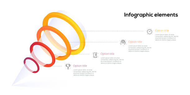 옵션 원이 있는 피라미드 4 단계 프로세스 차트 인포그래픽. 깔때기 비즈니스 워크플로 계층 구조 요소입니다. 회사 프레젠테이션 슬라이드 템플릿입니다. 현대 벡터 정보 그래픽 레이아웃 디자 - 원뿔 stock illustrations