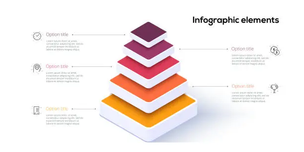 Vector illustration of Business pyramid chart infographics with 5 steps. Pyramidal stages graph elements. Company hiararchy levels presentation template. Vector info graphic design.