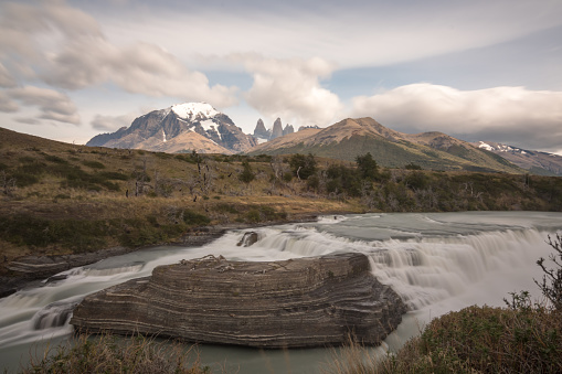A low shutter speed exposure of the cascades waterfall in del Paine national park, Chile.