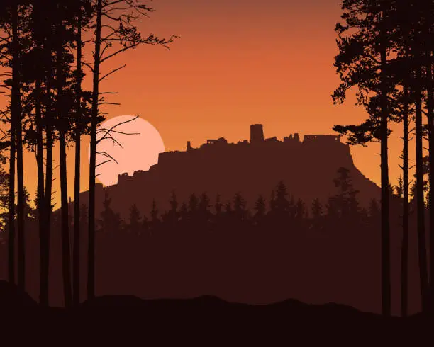 Vector illustration of Realistic illustration of mountain landscape with coniferous forest and ruins of old castle on hill. Rising or setting sun or moon on red sky - vector