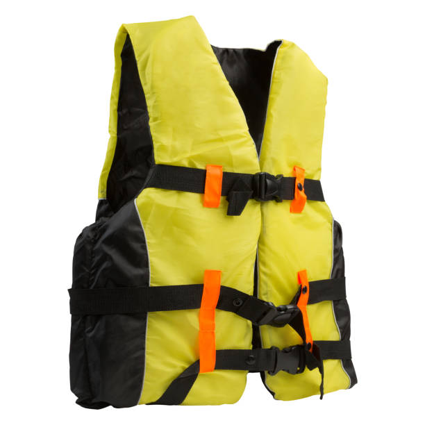 istock yellow life jacket, on a white background, vest buttoned 1159387089