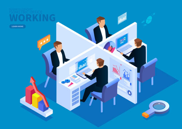 Isometric office team work Isometric office team work business person typing on laptop stock illustrations