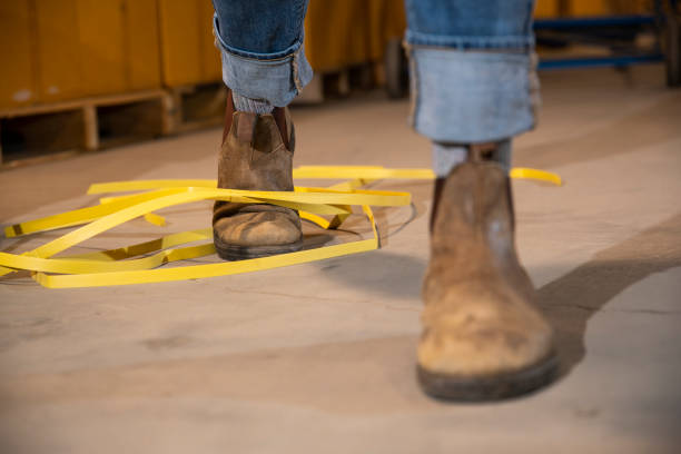 istock Industrial workplace safety.  A female warehouse worker tripping on strapping. 1159389350