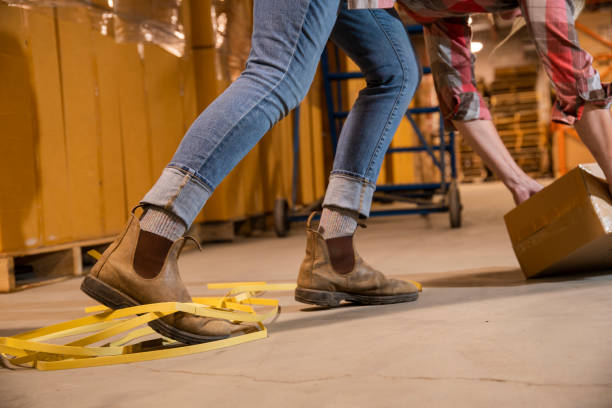 istock Industrial workplace safety.  A female warehouse worker tripping on strapping. 1159390567